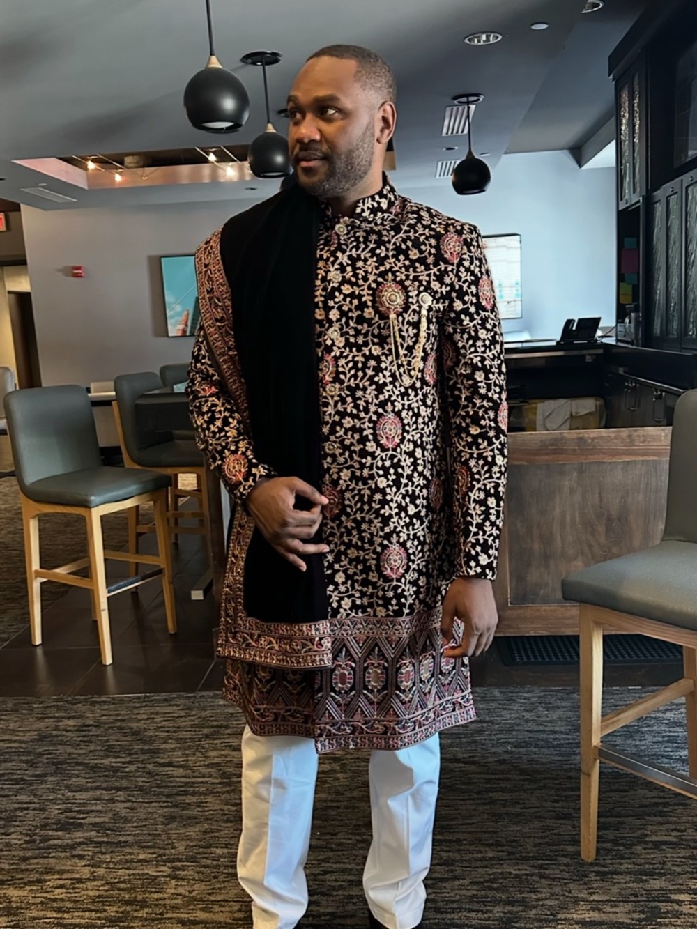 Embroidered Black and Gold Sherwani with Maroon Accents